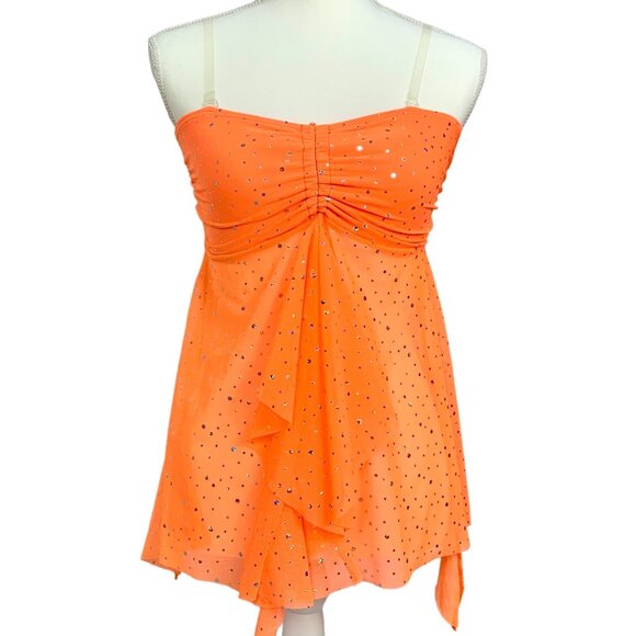 Body Wrappers Radiant Mesh Orange Dance Dress Top M Sequins Ruched Bust 7713 - Picture 1 of 11
